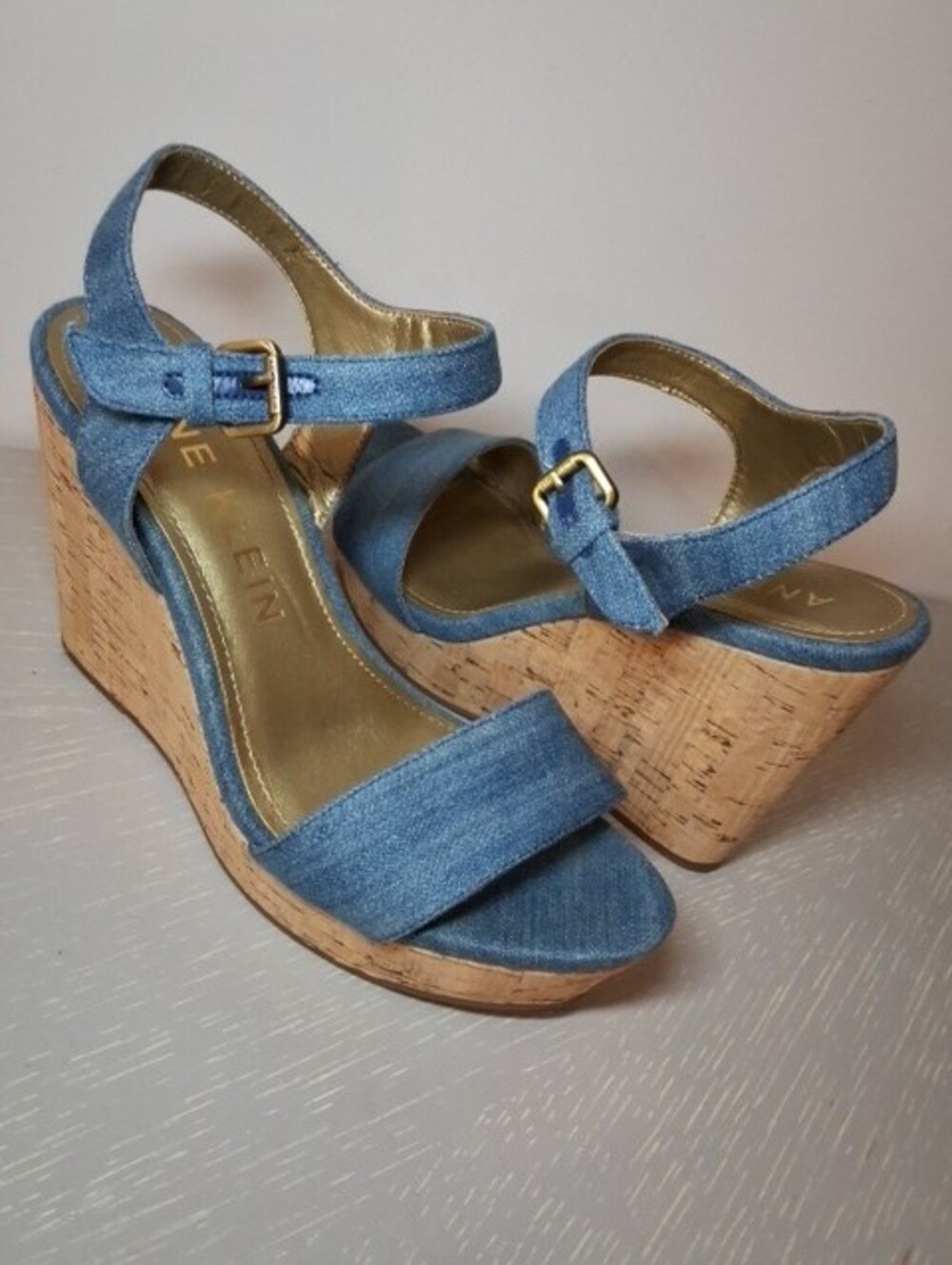 Anne Klein Denim Blue Wedge Sandals Sandals 9 Cork Heel Ankle Stra Worn Twice